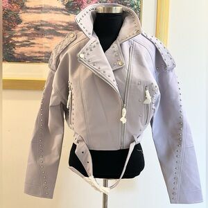 NWT Studded Western Cowboy Faux Leather Moto Jacket Lavender Large heart 💜